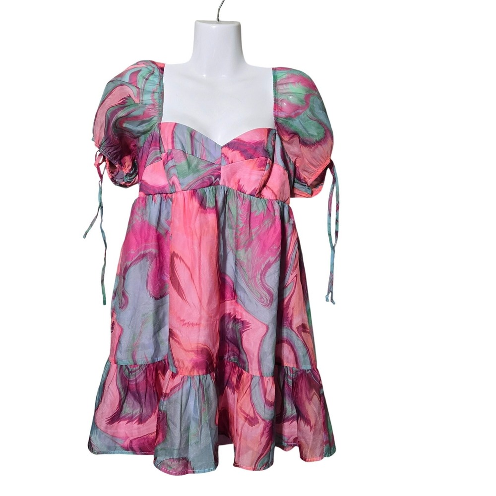 Amanda Richardson Pink Floral Babydoll Dress L Puff Sleeve Tie Front CottageCore - Picture 4 of 13